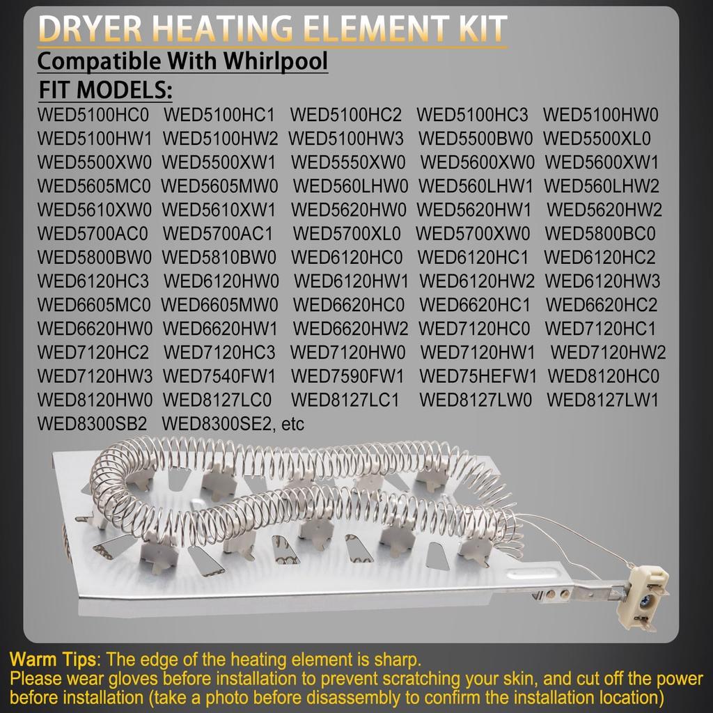 Dryer Heating Element Kit Compatible With Whirlpool WED5100HC0 WED5100HC1 WED5100HC2 WED5100HW0 WED5100HW1 WED5100HW2 WED5100HW3 WED5500XW0