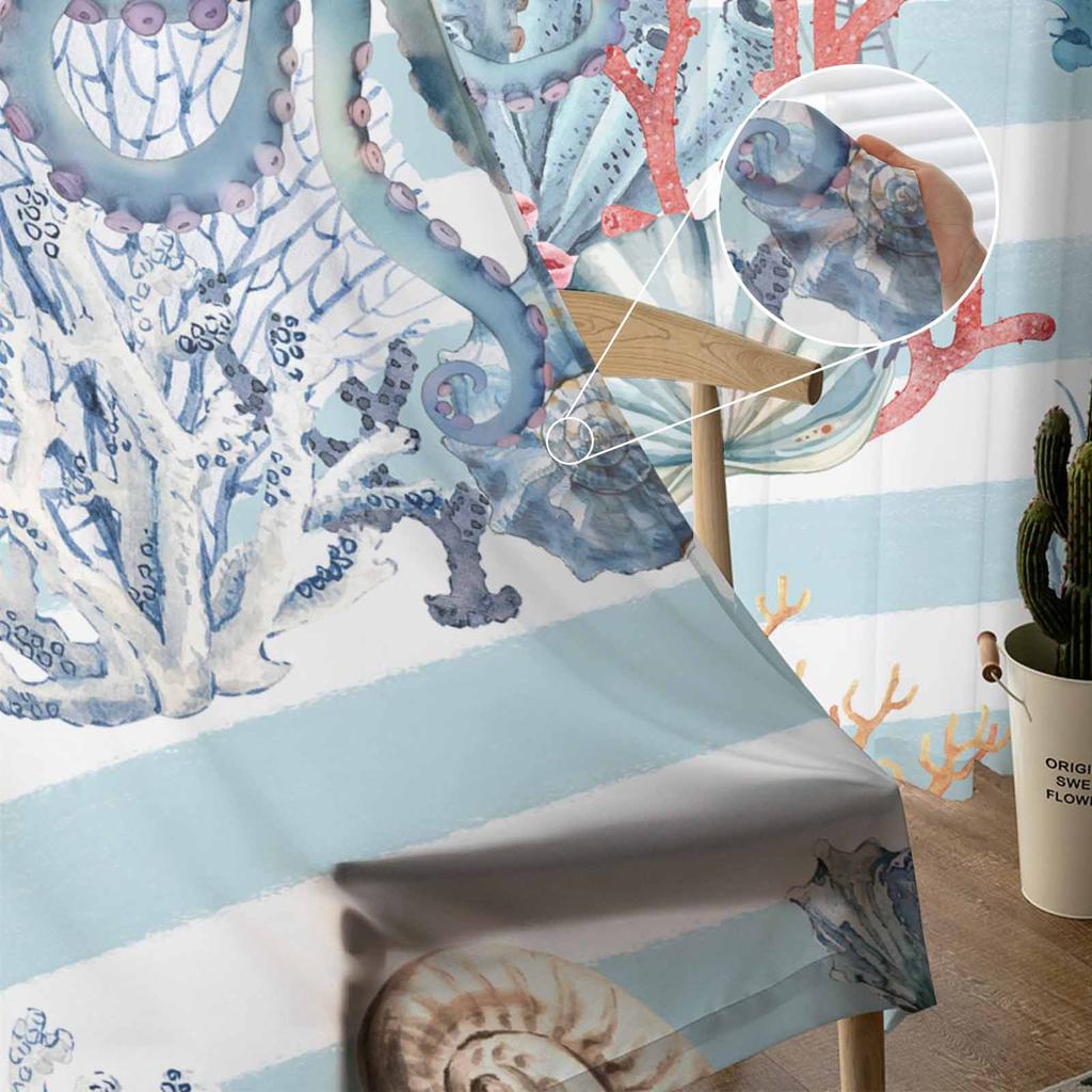 Ocean Blue Striped Coral Starfish Shell Conch Octopus Sheer Curtains for Kids Living Room Voile Window Curtains Tulle Drapes