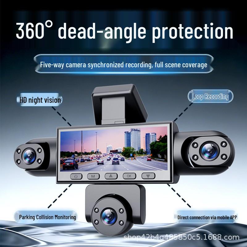 360° Panoramic Dash Cam with 5-Way HD, Night Vision, Loop Recording, Parking Monitor, Mobile App Connectivity