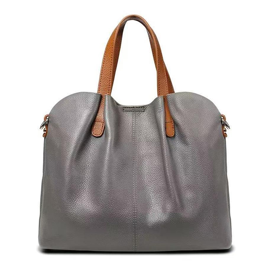 

Leather Women Tote Bag Ruched Ctrast Color Top Layer Cowhide Shoulder Crossbody Handbag Versatile Shopping Bag Commuter Clutch 31x14x25cm серый