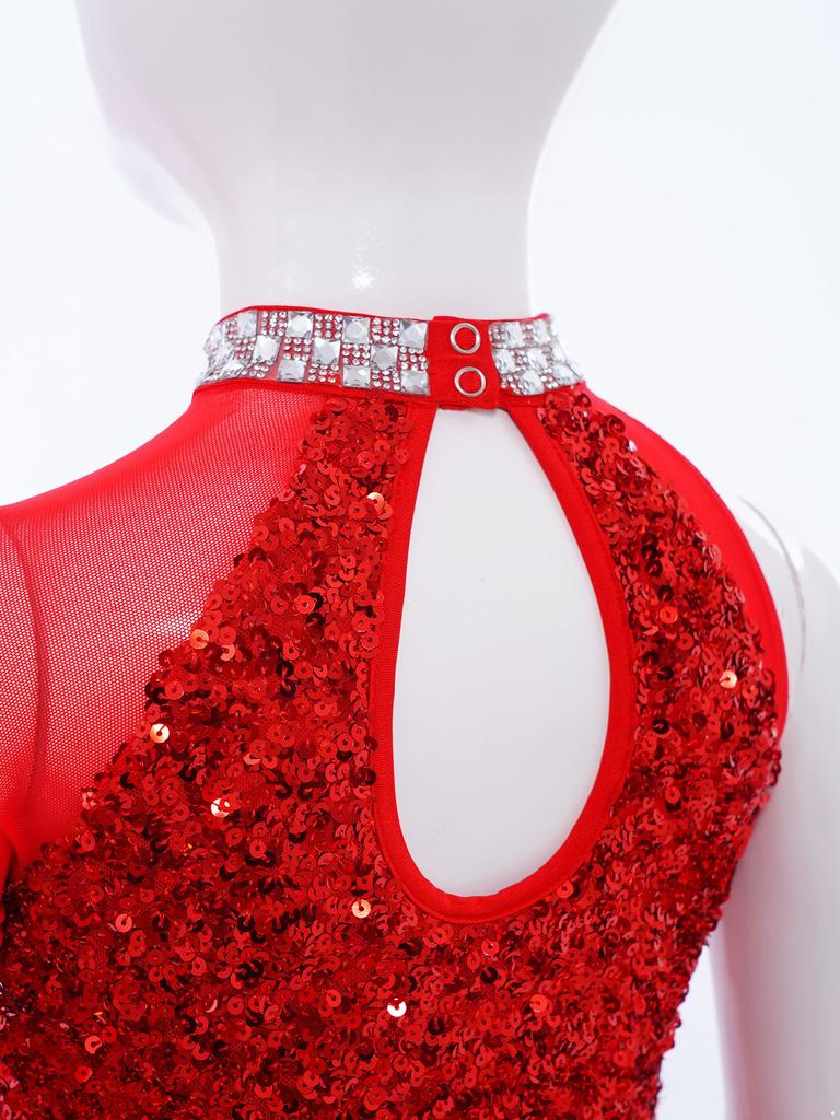 Meisjes Dans Optreden Kostuum Glanzende Pailletten Bovenlijf Tule Rok Leotard Uitsnijding Taille Asymmetrische Jumpsuit