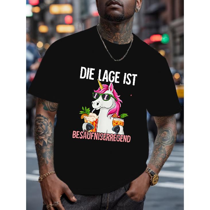 Men's "Die Lage Ist Besaufragen" Graphic Tee - Casual Crew Neck Short Sleeve T-Shirt, Lightweight Summer Top with Unicorn & Beer Mug Design,