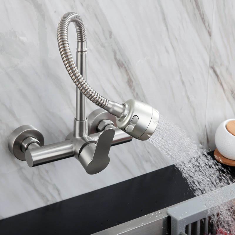 Wall Mounted Kitchen Faucet Hot Cold Mixers Kitchen Sink Tap 360 Degree Swivel Flexible Spout Stainless Steel Wall Mounted