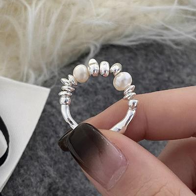 Women Ring Imitation Pearl Decor Irregular Shape Beads Handmade Ring Adjustable Opening Design Finger Ring