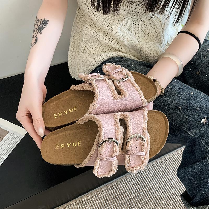 2025 Summer New Fashion Denim Belt Buckle Thick Sole Outer Wear Flat Beach Cool Slippers Women's Shoes