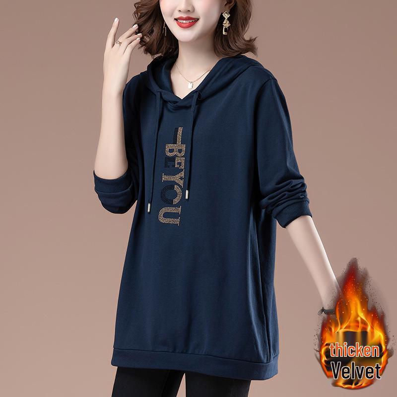 Women's Mid-Length Hooded Sweatshirt - Loose Fit, Plus Size, Casual Top for Spring/Autumn, Hip-Covering Design for Middle-Aged Moms