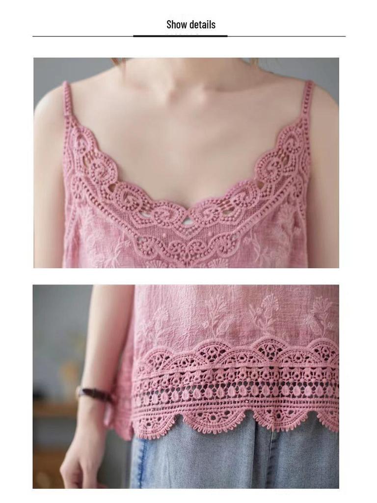 Women's Summer Lace Applique Tank Top – Sleeveless, Sexy, Loose Cotton T-Shirt with Lace Edging