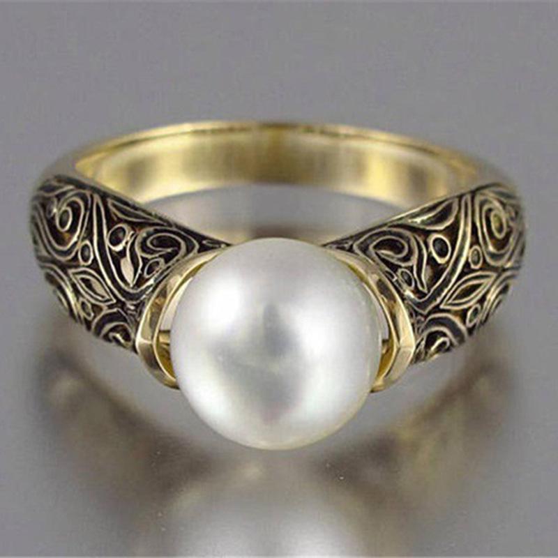Inlaid With Delicate Synthetic Pearl Women'S Ring, Retro-Style Jewelry Plated With 14K Gold