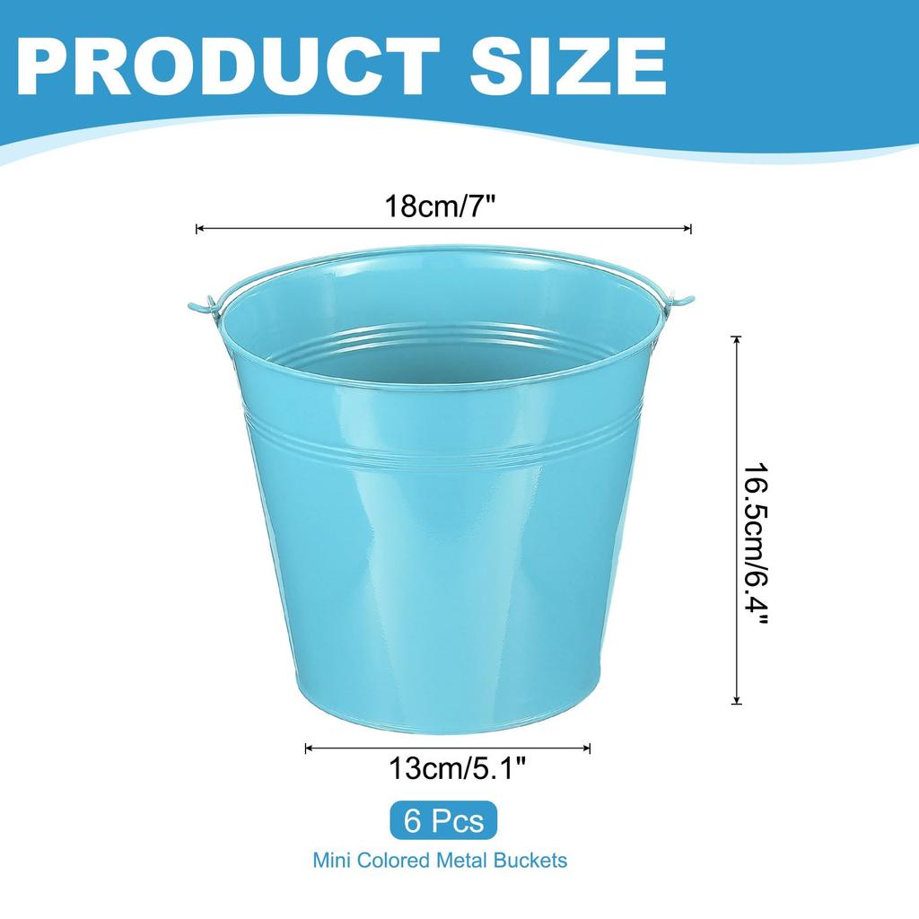 PATIKIL Small Metal Buckets with 6 Pieces Mini Galvanized Colorful Easter Buckets for Party Blue 7"x6.4" Handles, Buckets, Crafts, Favors,