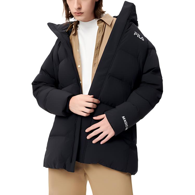 FILA Solid Color Mid-Length Letter Logo Hooded Down Jacket Men Outerwear Black F51M249904F-BK