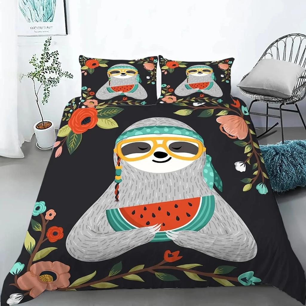 Kids Sloth Duvet Cover Set Queen King Size Cute Animal Pattern Polyester Comforter Cover Branches Winter Theme for Boys Girls