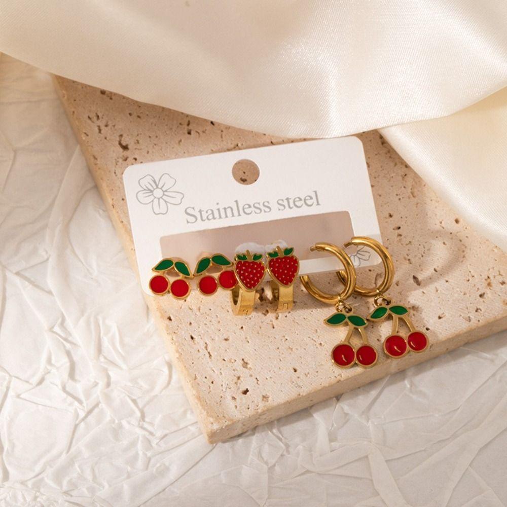 6Pcs Stainless Steel Cherry Strawberry Earrings Red Earrings Fashion Stud Earrings Women