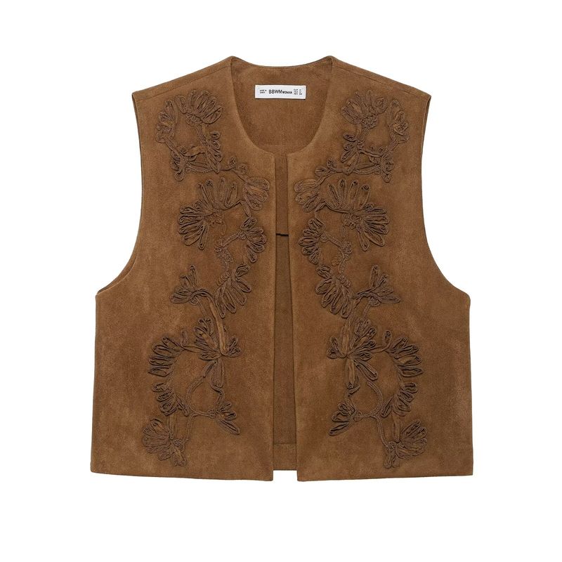 Za Export New Arrival Women's Clothing ZR Fashion Style Embroider Suede Texture Round Neck Vest Jacket 4344150