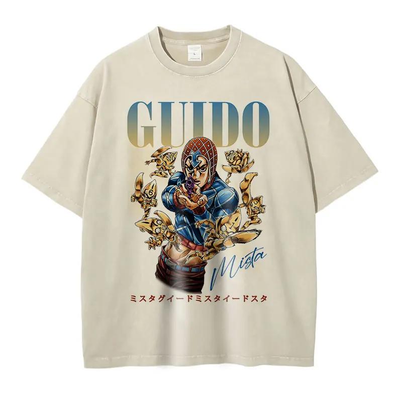 Anime JoJos Bizarre Adventure T Shirt Vintage Washed JOJO Sex Pistols Tshirts Oversized Retro Manga Guido Mista Tops Tees Men