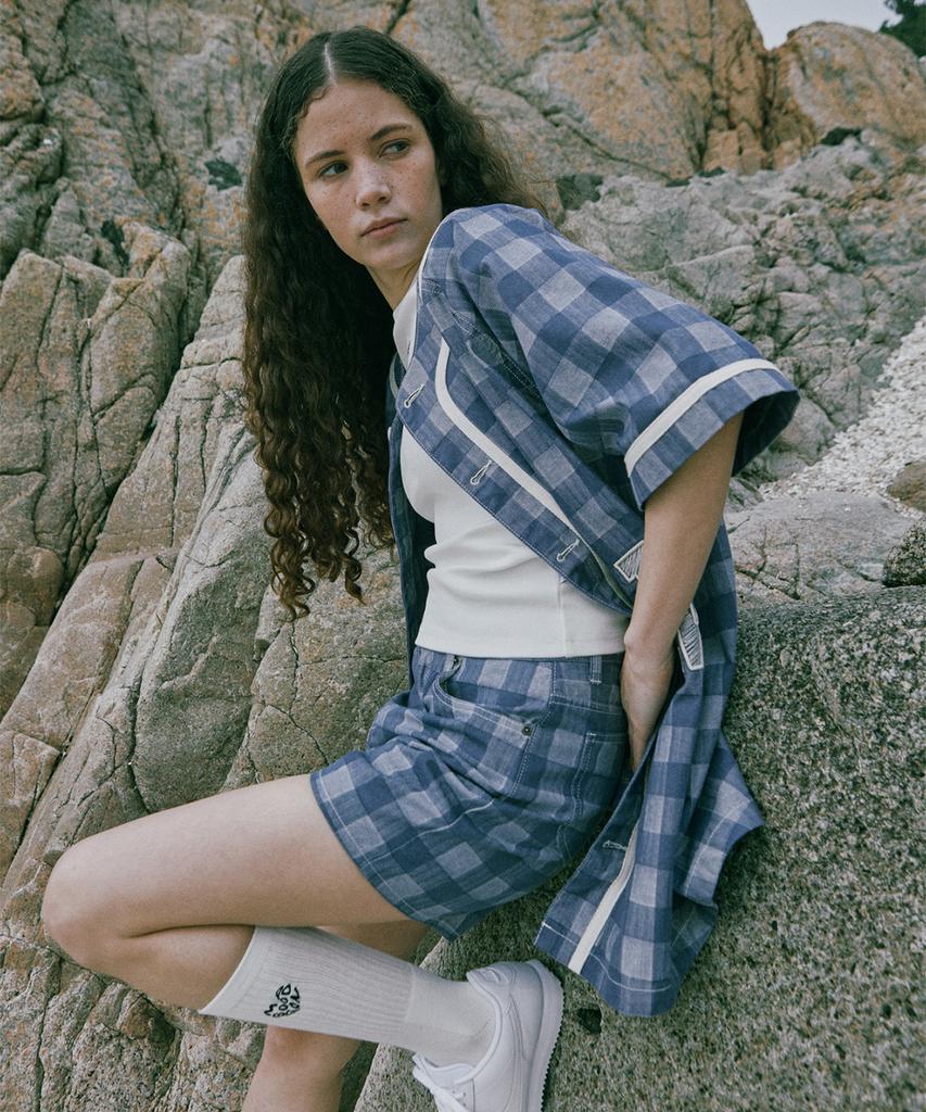 MAGOODGAN Minute 7933 Apron Check Indigo Shorts Hot Pants