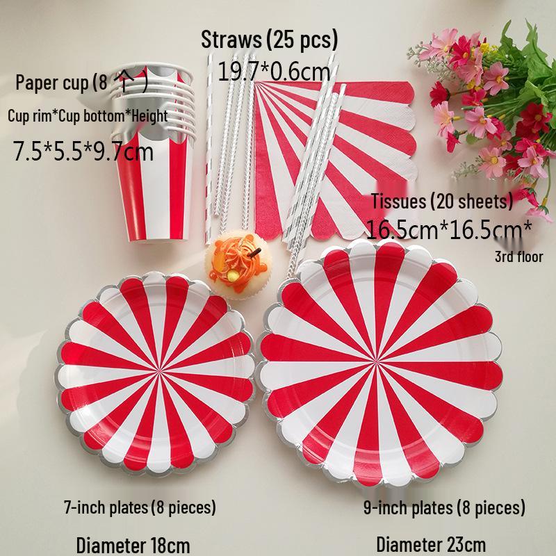 Red Stripe Gold Trim Party Tableware Set: Plates, Cups, Napkins