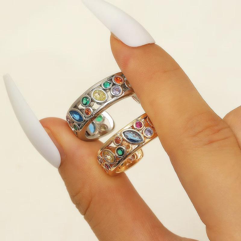 Exquisite Colorful Crystal Zircon Geometric Open Ring For Women Simple Copper Hollowed Out Stacked Finger Ring Fashion Jewelry