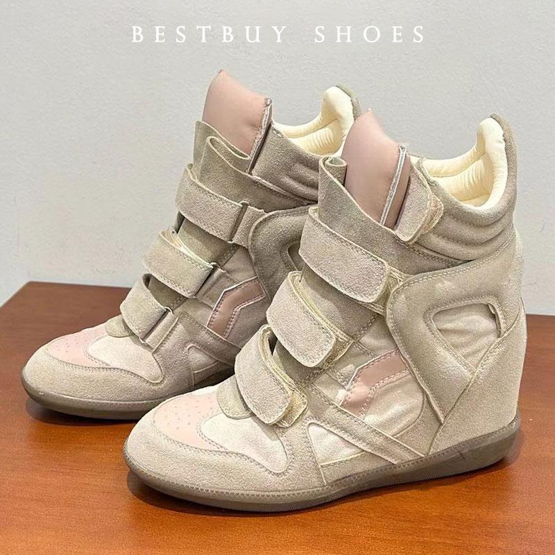 Nowe Damskie Sneakersy z Zamszowej Skóry Zapinane na Rzep Buty Turystyczne Casualowe Buty Sportowe Zwiększające Wzrost o 8 CM Jesienne Okrągły Nosek Botki do Kostki