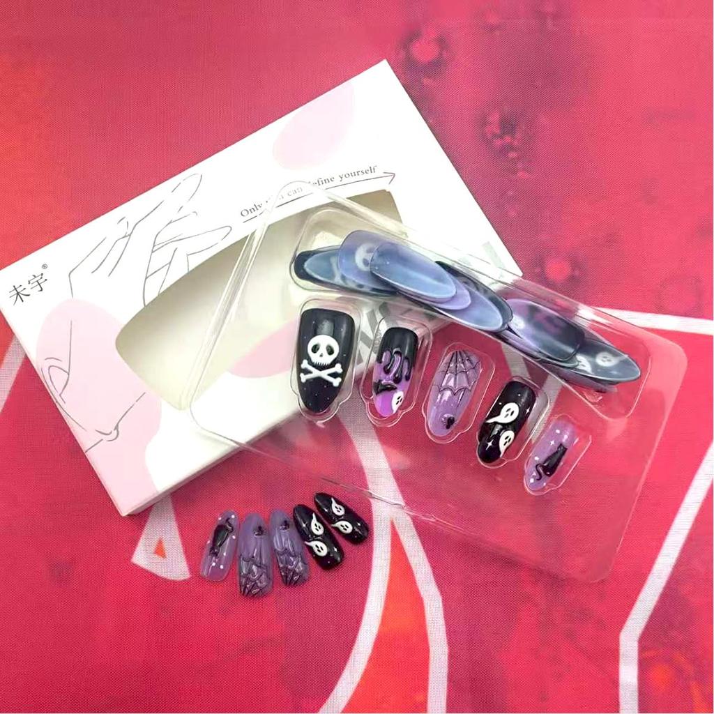 Short Almond Press on Nails Halloween Fake Nails Gothic Bat Acrylic Nail Cute Ghost False Nail with Purple Glitter Design Goth Halloween Nails Press