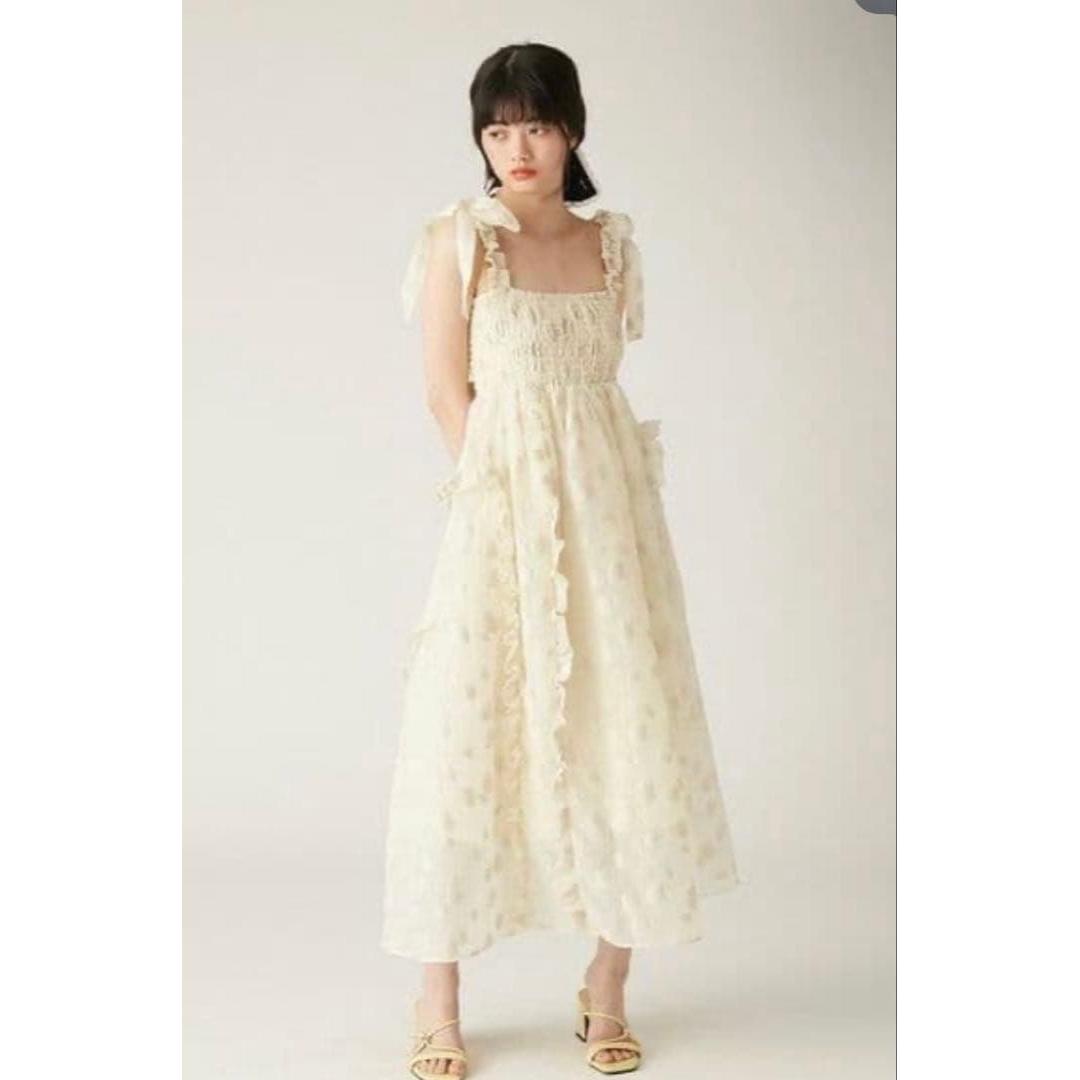 Lily brown/sheer jacquard frill ribbon dress yellow