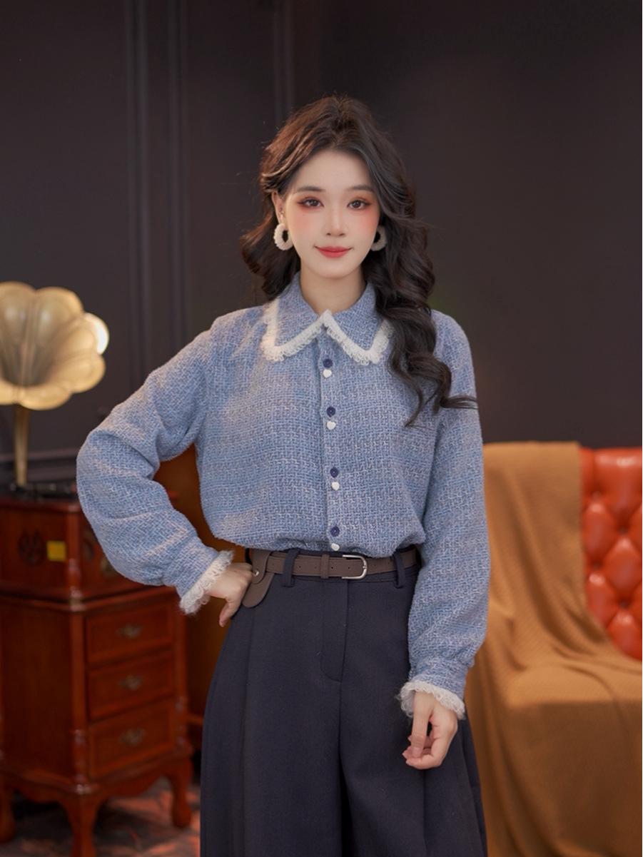 

DaYuanSAD Wan er Lace Lapel Knit Women s Long Sleeve Base Layer Top #G15036 Small синий