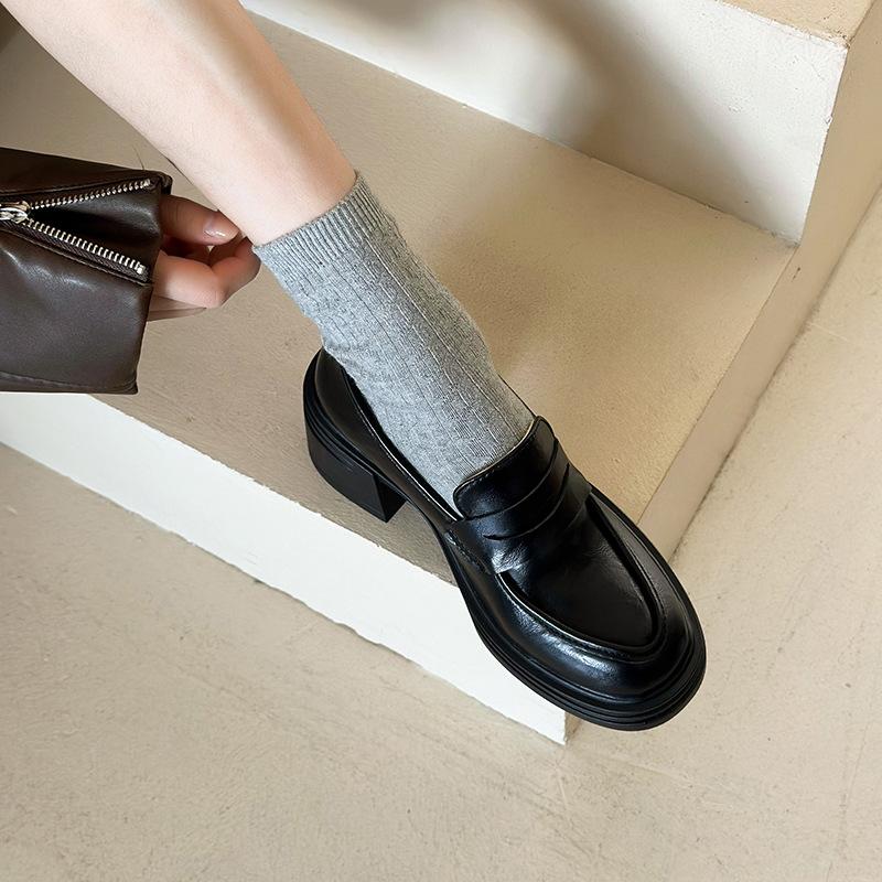 Retro thick heel small leather shoes women's spring and autumn 2025 new shallow loafers platform-soled versatile single shoes