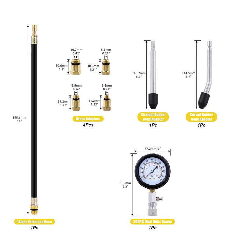 0-300PSI Engine Compression Tester Kit Engine Compression Tester, 8PCS Engine Cylinder Pressure Gauge for Petrol Gas Engine Test