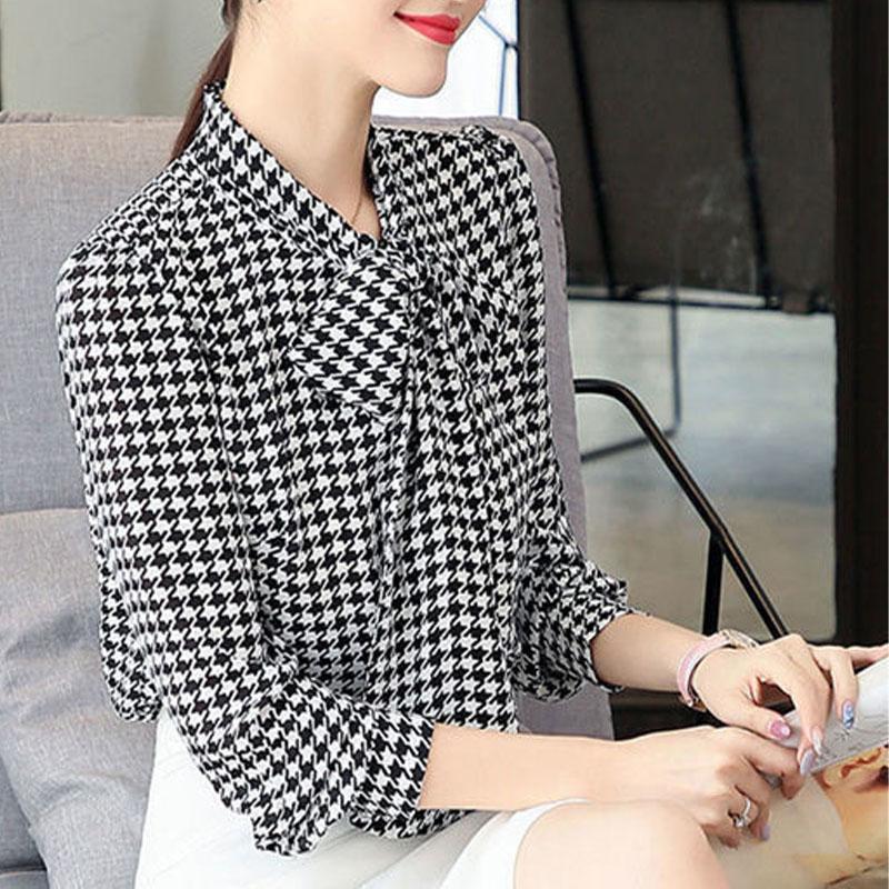 2023 Summer Fashion Houndstooth Print Pullovers Shirt Elegant Vintage 3/4 Sleeve Scarf Collar All-match Blouse Women's Clothing