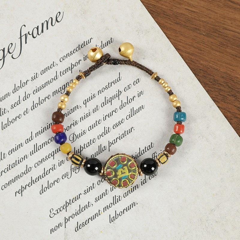 BLINGBAY Bracelet de Perles pour Femmes Rétro Népalais Bracelet de Perles de Cuivre Ancien pour Femmes Style Ethnique Tibétain Personnalité Simple Tressé Bleu Bracelet Cadeau