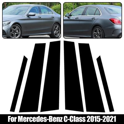 6Pcs For Mercedes-Benz C-Class 2015-2019 2020 2021 Car Pillar Posts Door Window Trim Cover Kit Stickers Glossy Black Accessories