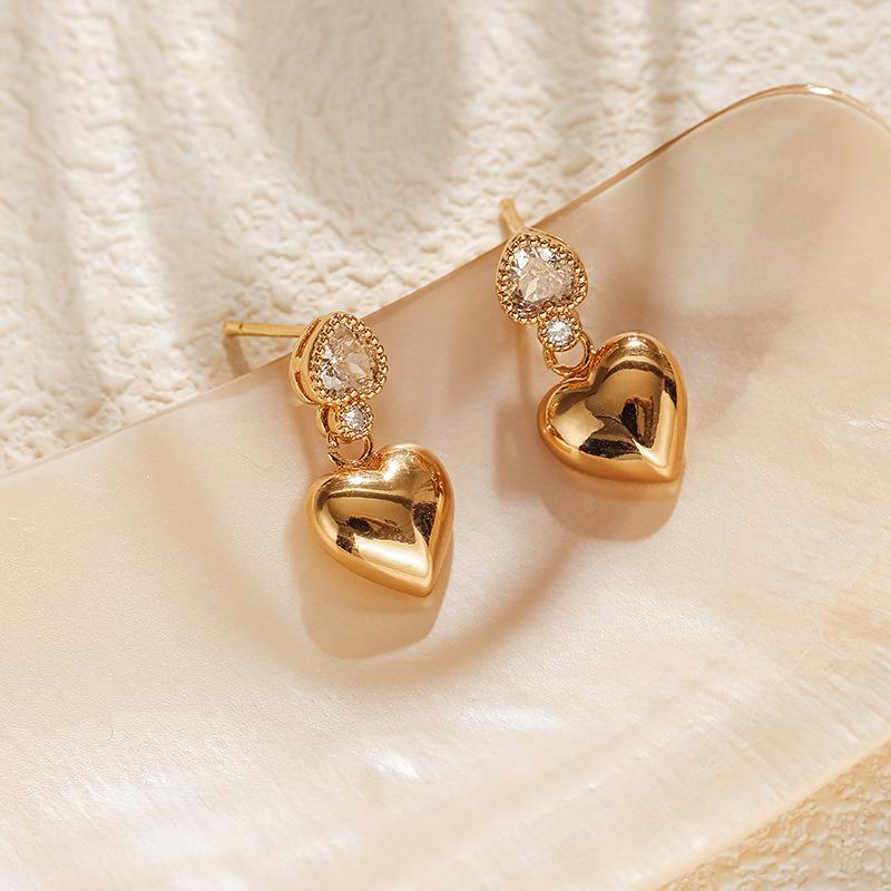 Women Sweet Luxury 18k Gold Plated Heart Zircon Inlaid Drop Earrings