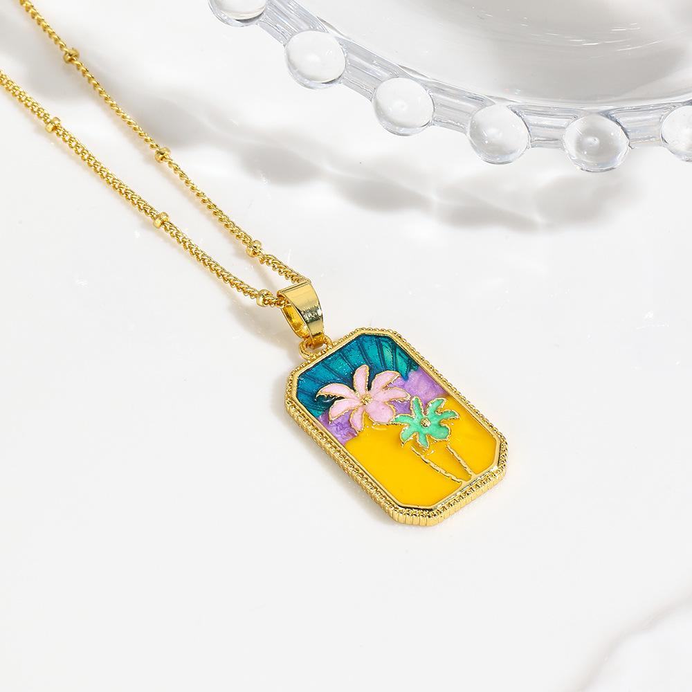 

Европейская и американская ретро медная с покрытием 18-каратным золотом кокосовая пальма хризантема лебедь капающее масло таро кулон ожерелье