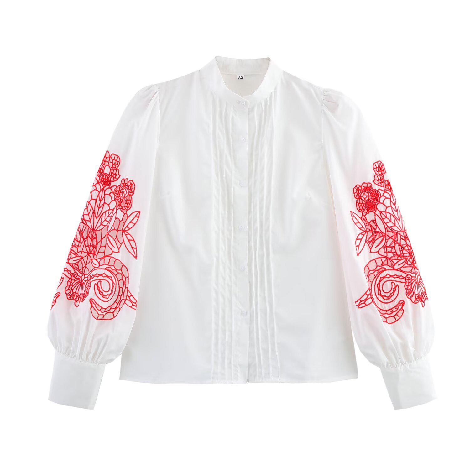 

2025 Весна Женская Модная Рубашка с Ажурной Вышивкой - Европейский и Американский Универсальный Стиль XS