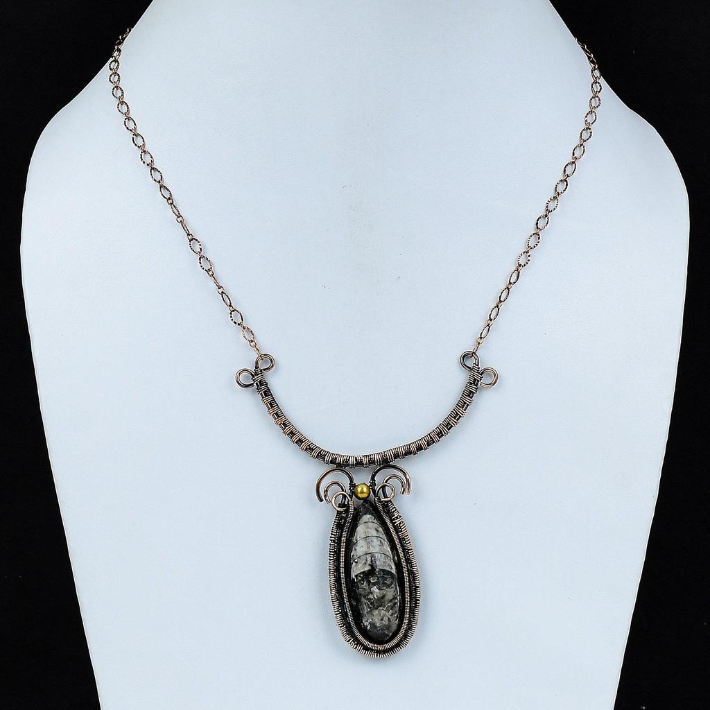 Orthoceras Fossil Necklace Copper Wire Wrapped Handmade Jewelry Gemstone Copper Necklace Adjustable Necklace Wire Wrapped Necklace For Gift