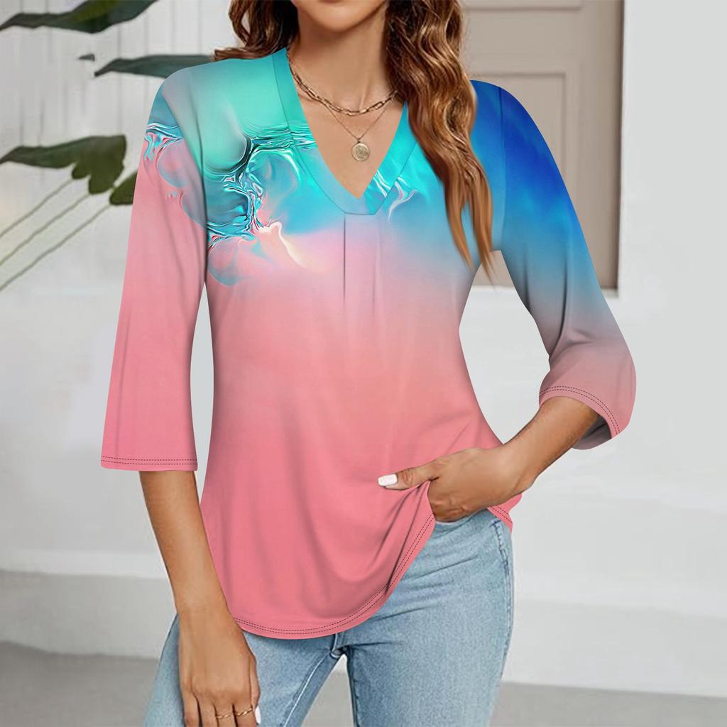 Women's Casual V-neck Gradient Print Three-quarter Sleeve Fashion Top