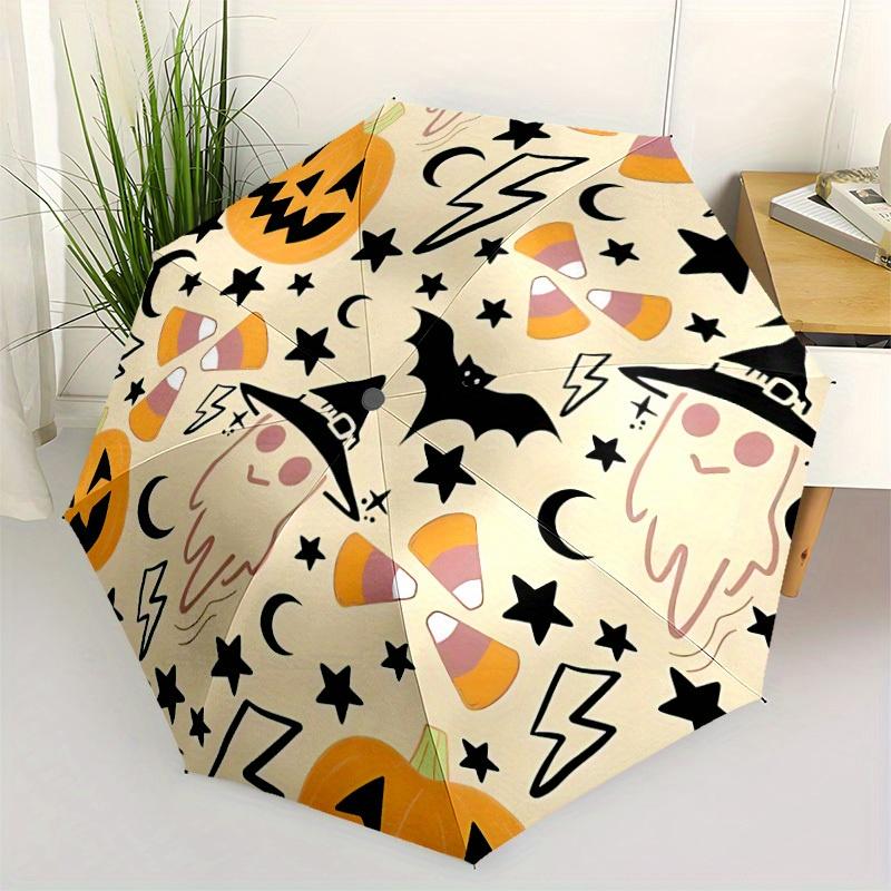 1pc Halloween, Ghost Automatic Folding Umbrella - 8-Rib Iron Frame, Windproof, Portable Sunshade with Plastic Handle for Travel & Outdoor Ac