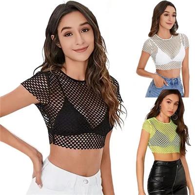 Camiseta Deportiva Sexy de Malla de Perspectiva Top Corto con Ombligo Descubierto