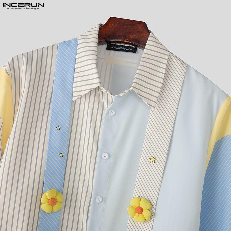 INCERUN Oversized Men Lapel Neck Long Sleeve Striped 3D Flowers Casual Loose Shirts