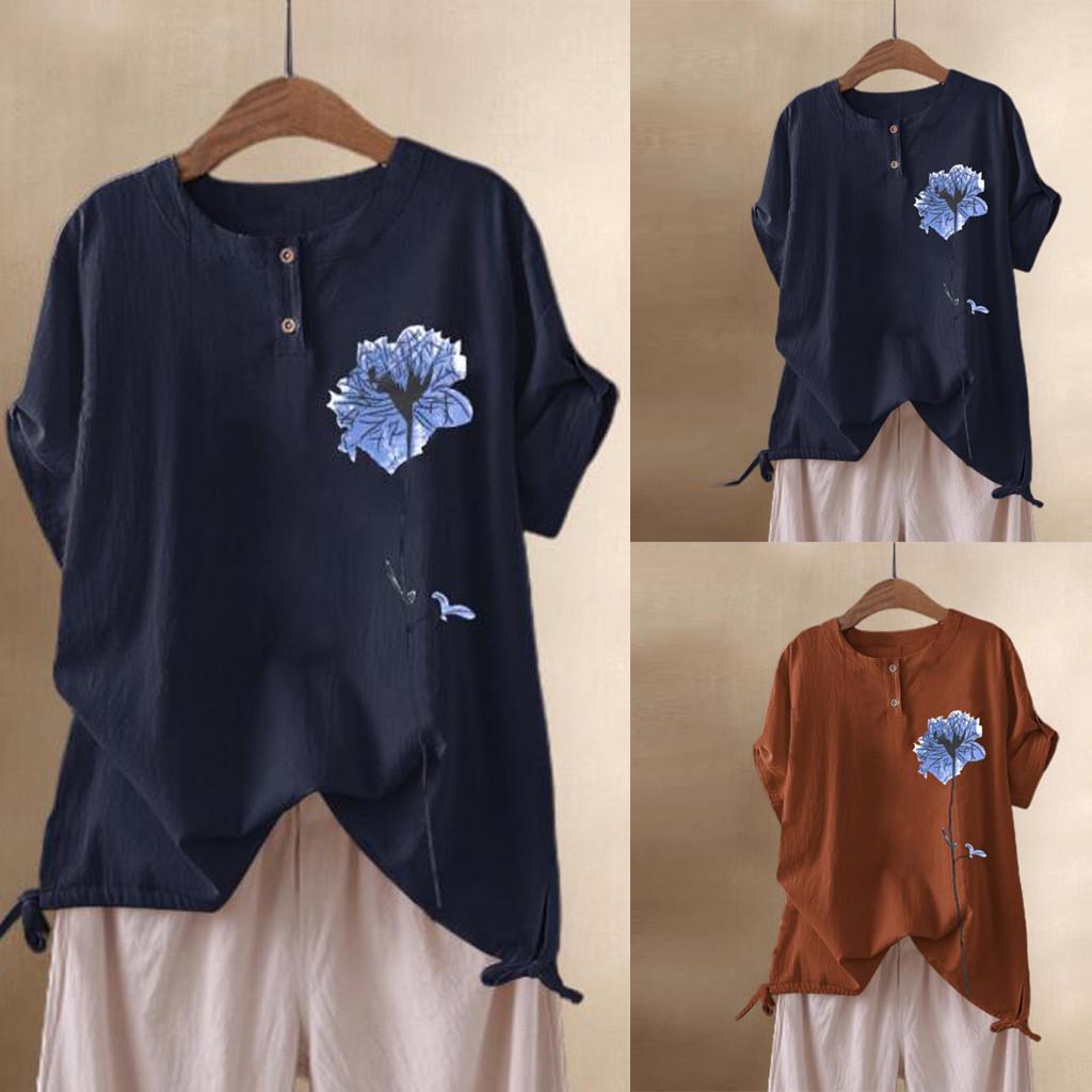 

Женская хлопковая льняная блузка с коротким рукавом больших размеров, футболка с принтом