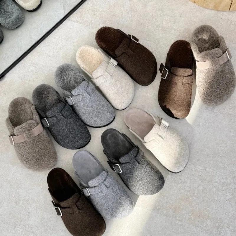 Winter Baotou Slippers Women's Round Head Deep Mouth Suede Belt Buckle Soft Sole Non-slip Wear-resistant Flat Shoes