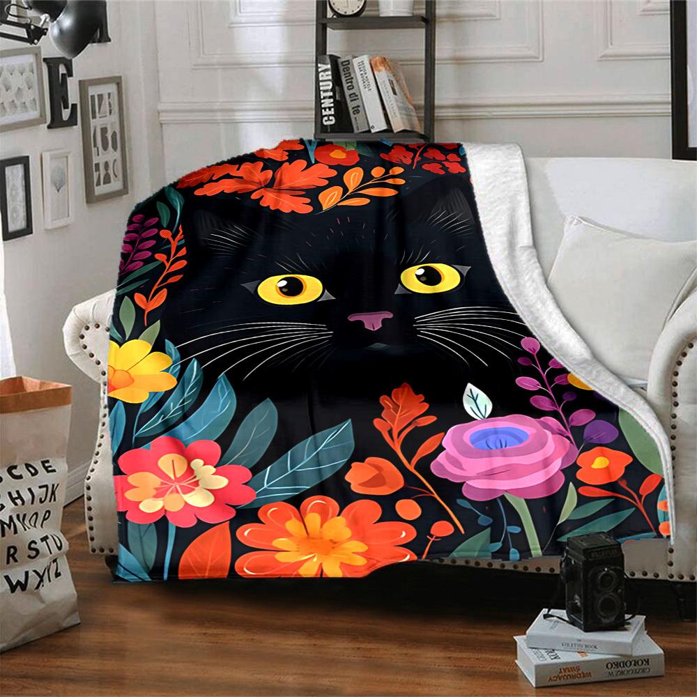 1pc Cat Flowers Lightweight Flannel Blanket, Comfortable and Warm Blanket, for Office and Camping Sofa Bed, Livingroom144