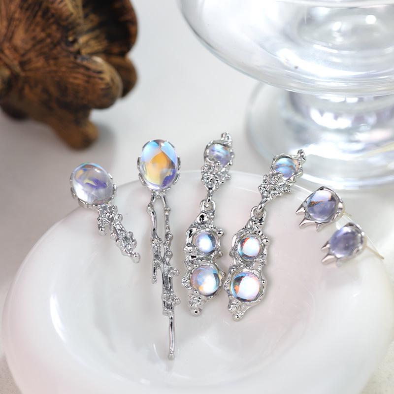 Women's Trendy Asymmetrical Moonstone Opal Stud Earrings - Cool Fashion Jewelry with Silver Needle