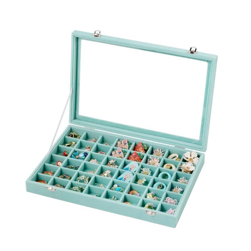 Soft-Lined Jewelry Storage Tray with 48 Sections, Adjustable Dividers, and Clear Cover for Dresser or Drawer Storage