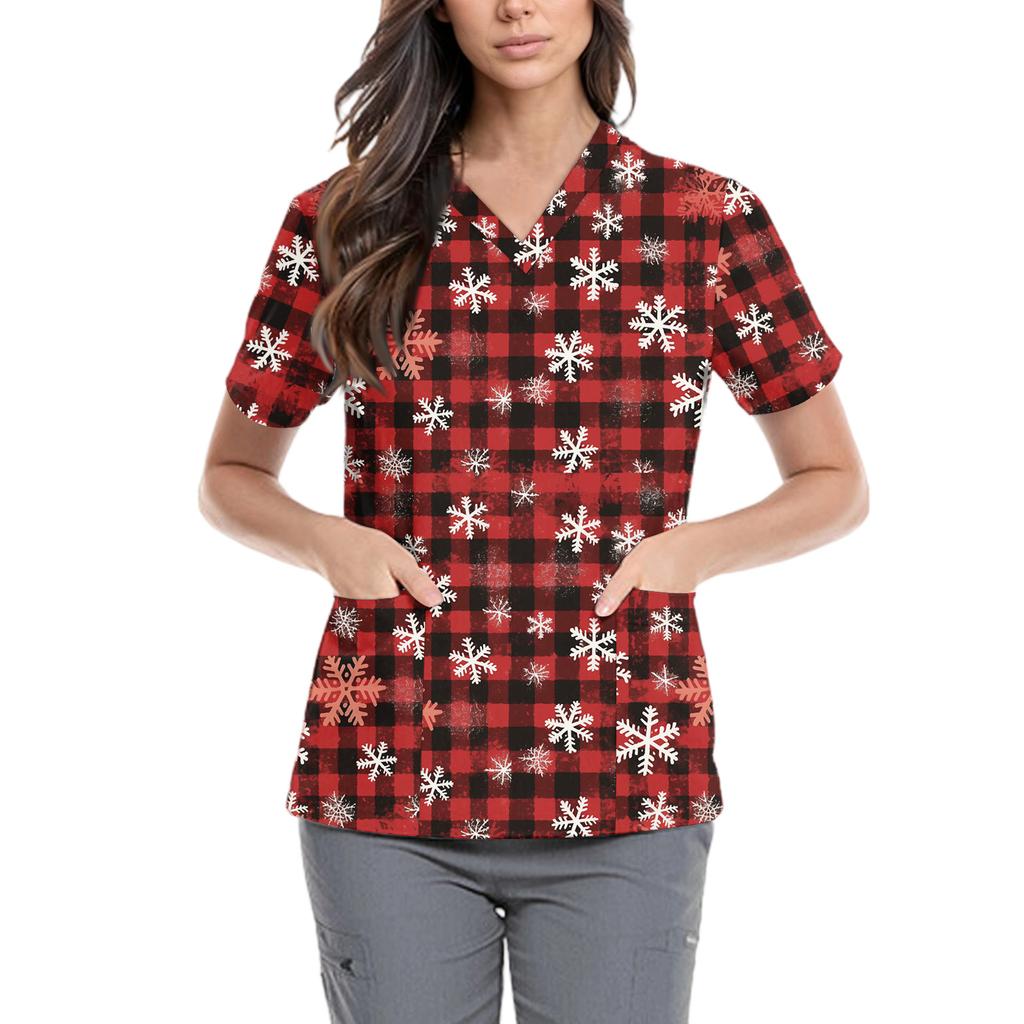 Women's Cute Bow Printed Work Clothes V-neck Double Layer Pockets Basic Short Sleeve Top Pullover