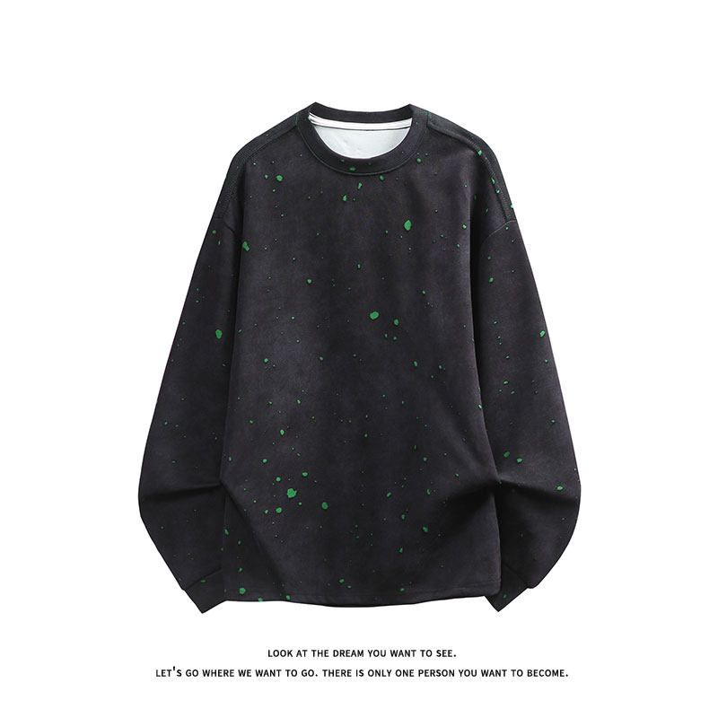 

Medm Beprp Autumn New Distressed Ripped Hoodie Boys Personality round Neck Long sleeves Shirt Retro Bottoming Shirt 4675 Dark Green 2XL
