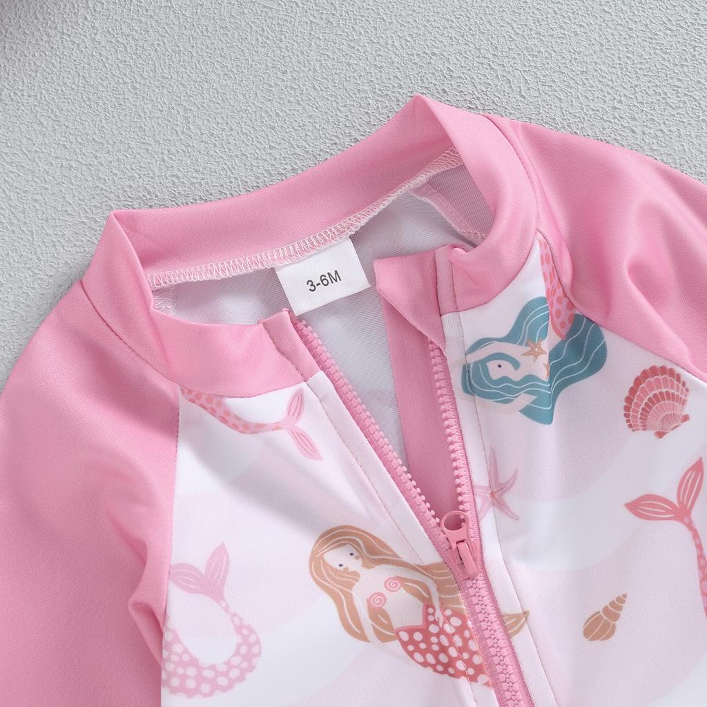 Badeanzug-Set für Baby-Mädchen, Muschel-Print, langärmliger Rashguard-Badeanzug, breite Krempe, Sonnenhut, Strandbekleidung für Kleinkinder