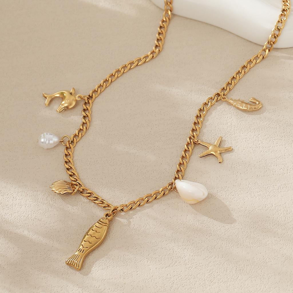 Titanium Steel Necklace - Summer Fashionable Sea Star and Sea Shell Beach Style Ocean Collar Chain