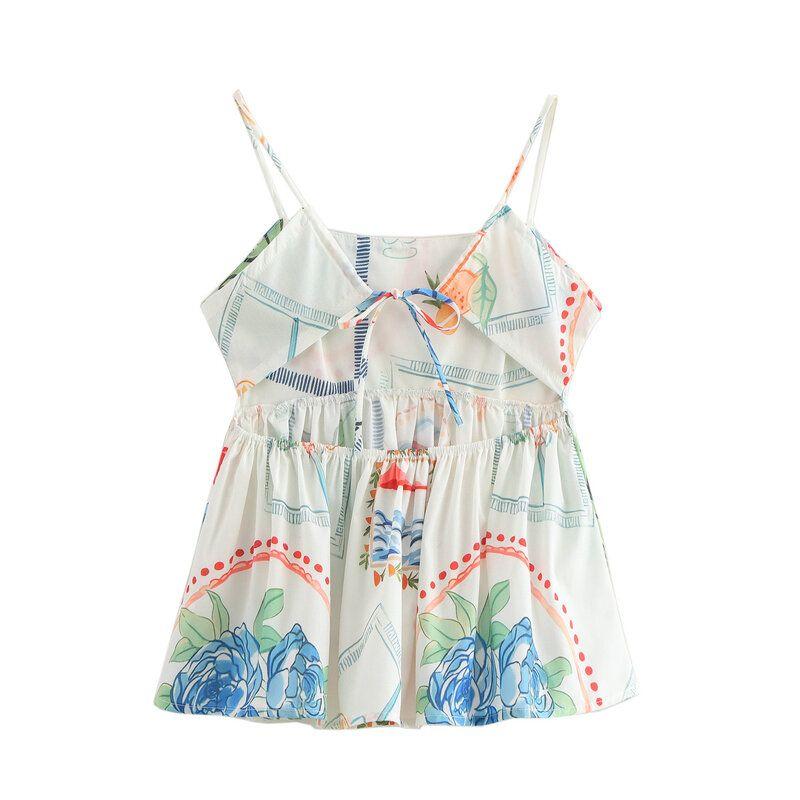 Fashion Wind 2024 New Fall Women's Clothing Stylish Easiest for Match Plant Print Tops Camisole Mid Waist Shorts