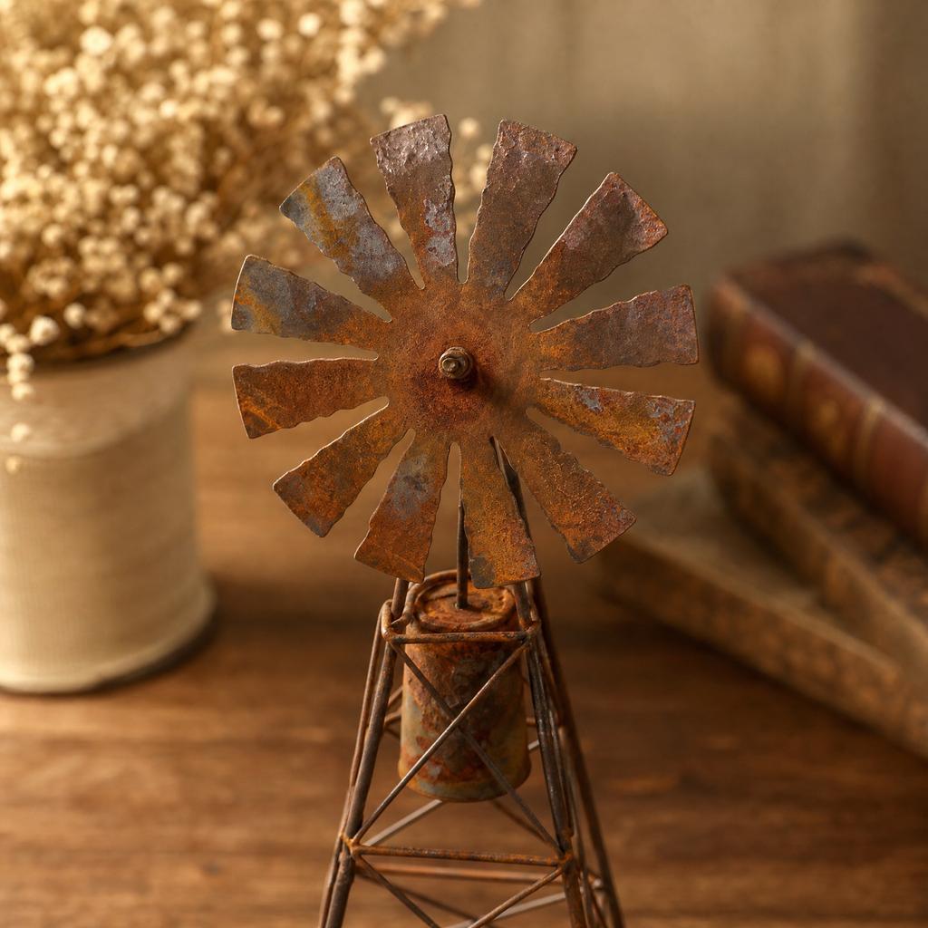 Rustic Metal Windmill Garden Statue Farmhouse Tabletop Decor Weathered Finish Outdoor Indoor Accent Piece