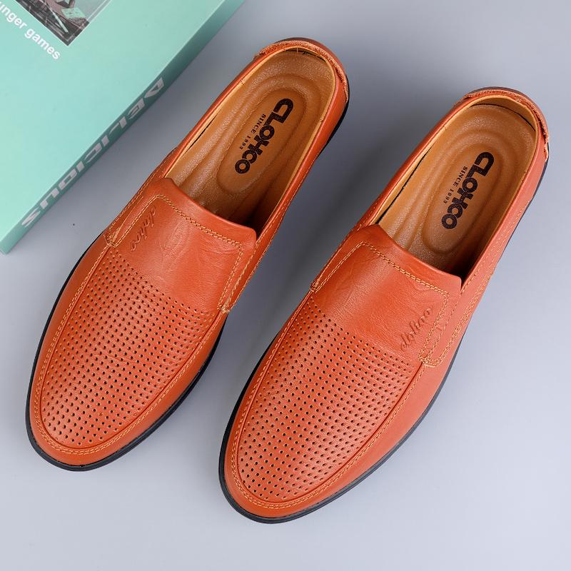 Men's Leather Casual Shoes Breathable Hollow Slip on Lazy Driving Shoes Office Fashion Shoes